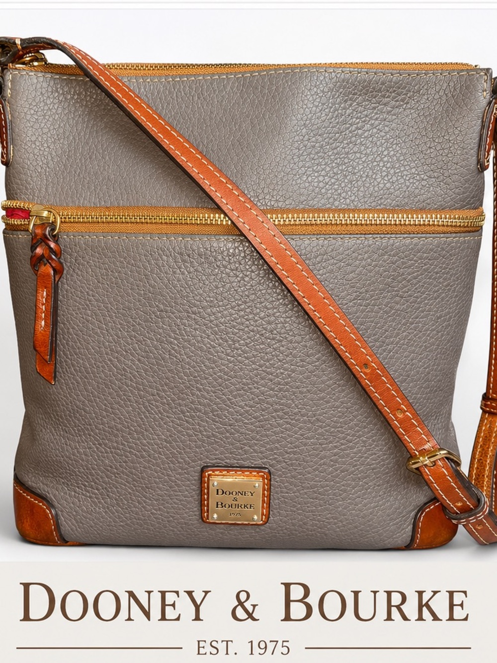 Dooney & Bourke Gray Pebbled Leather Crossbody with Brown Trim